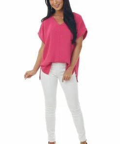 Cotton Bleu Fuchsia Swiss Dot Short Sleeve V Neck Top