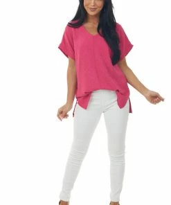 Cotton Bleu Fuchsia Swiss Dot Short Sleeve V Neck Top