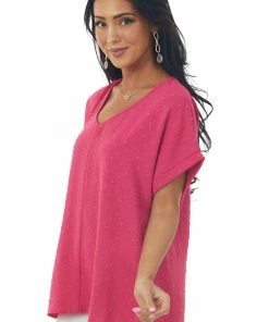 Cotton Bleu Fuchsia Swiss Dot Short Sleeve V Neck Top
