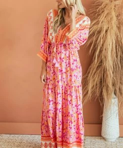 Aakaa Dresses Fuchsia Border Print Dolman Sleeve Maxi Dress