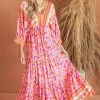 Aakaa Dresses Fuchsia Border Print Dolman Sleeve Maxi Dress