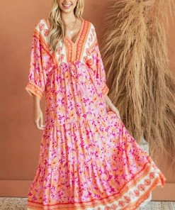 Aakaa Dresses Fuchsia Border Print Dolman Sleeve Maxi Dress
