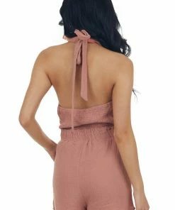 Listicle Ginger Criss Cross Halter Neck Woven Romper