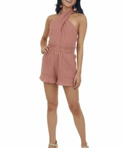 Listicle Ginger Criss Cross Halter Neck Woven Romper