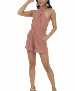 Listicle Ginger Criss Cross Halter Neck Woven Romper