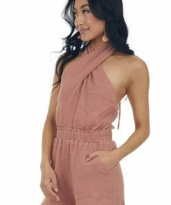Listicle Ginger Criss Cross Halter Neck Woven Romper