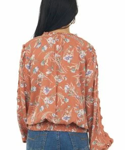 Easel Tops Ginger Floral Cut Out Lace Sleeve Tie Blouse