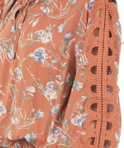 Easel Tops Ginger Floral Cut Out Lace Sleeve Tie Blouse