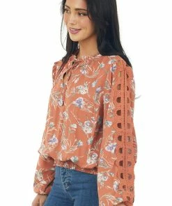 Easel Tops Ginger Floral Cut Out Lace Sleeve Tie Blouse