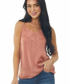Hem & Thread Ginger Frayed Scalloped Lace Satin Cami Tops