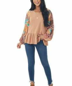 Umgee Tops Ginger Long Multiprint Sleeve Drop Waist Top
