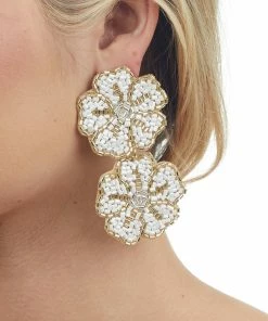 Fame Accessories Gold Double Flower Seed Beaded Drop Earrings