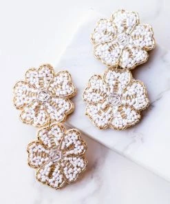 Fame Accessories Gold Double Flower Seed Beaded Drop Earrings