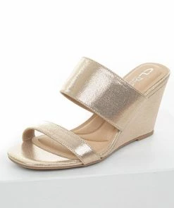 Chinese Laundry Gold Double Strap Slip On Cushioned Wedges