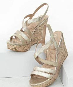 Chinese Laundry Gold Faux Leather Strappy High Heel Wedges Shoes