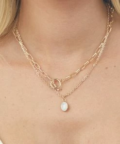 Fame Accessories Gold Layered Chain Necklace With Marbled Charm