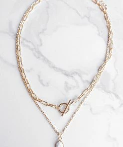 Fame Accessories Gold Layered Chain Necklace With Marbled Charm