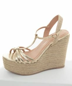 Chinese Laundry Shoes Gold Strappy Espadrille Platform Wedges