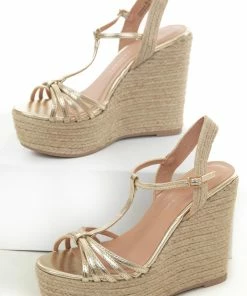 Chinese Laundry Shoes Gold Strappy Espadrille Platform Wedges
