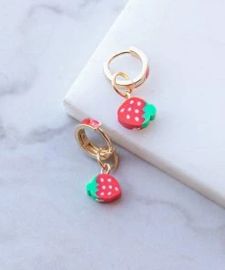 Fashion City Accessories Gold Strawberry Charm Huggie Drop Earrings