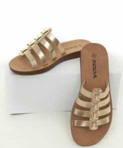 FORTUNE DYNAMIC Shoes Gold Faux Leather Gladiator Slip On Sandals