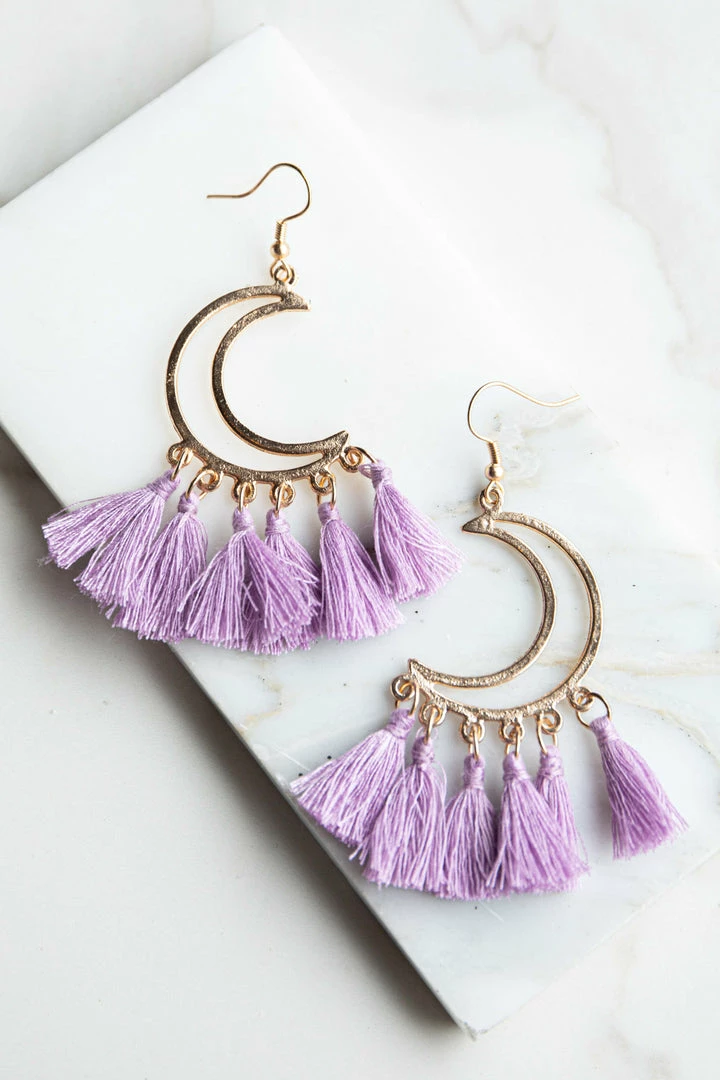Boho Love Accessories Gold And Lilac Tassel Moon Dangle Earrings 3 Boho Love Accessories Gold And Lilac Tassel Moon Dangle Earrings