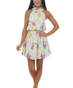 Glam Grape Abstract Print Blouson Halter Neck Dress
