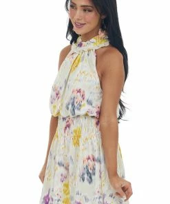 Glam Grape Abstract Print Blouson Halter Neck Dress