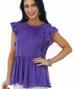 Glam Grape Drop Waist Ruffle Sleeve Silky Blouse