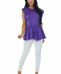 Glam Grape Drop Waist Ruffle Sleeve Silky Blouse