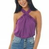 FSL APPAREL Grape Frill Trim Halter Neck Woven Top
