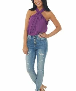 FSL APPAREL Grape Frill Trim Halter Neck Woven Top