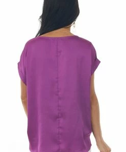 She + Sky Grape Short Cuff Sleeve Pleated Hem Blouse