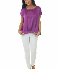 She + Sky Grape Short Cuff Sleeve Pleated Hem Blouse