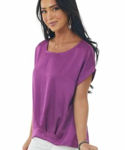 She + Sky Grape Short Cuff Sleeve Pleated Hem Blouse