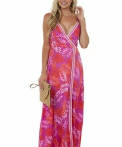 Inner Beauty Grape Tropical Print Sleeveless Surplice Dress