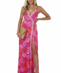 Inner Beauty Grape Tropical Print Sleeveless Surplice Dress