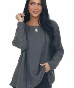 BiBi Graphite Long Sleeve Brushed Waffle Knit Top Tops