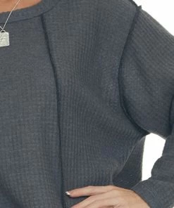 BiBi Graphite Long Sleeve Brushed Waffle Knit Top Tops