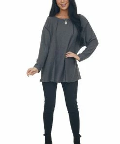 BiBi Graphite Long Sleeve Brushed Waffle Knit Top Tops