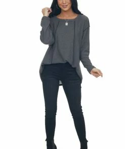 BiBi Graphite Long Sleeve Brushed Waffle Knit Top Tops