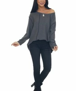 BiBi Graphite Long Sleeve Brushed Waffle Knit Top Tops