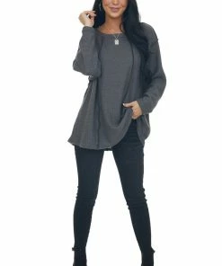 BiBi Graphite Long Sleeve Brushed Waffle Knit Top Tops