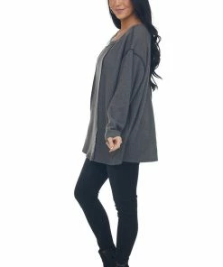 BiBi Graphite Long Sleeve Brushed Waffle Knit Top Tops