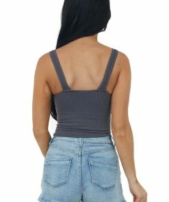 Miss Sparkling Graphite Padded V Neck Ribbed Cropped Tank Top Tops