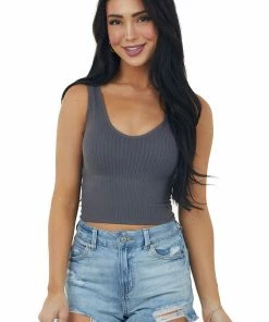 Miss Sparkling Graphite Padded V Neck Ribbed Cropped Tank Top Tops