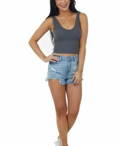 Miss Sparkling Graphite Padded V Neck Ribbed Cropped Tank Top Tops