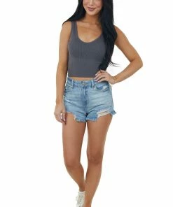 Miss Sparkling Graphite Padded V Neck Ribbed Cropped Tank Top Tops