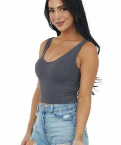 Miss Sparkling Graphite Padded V Neck Ribbed Cropped Tank Top Tops