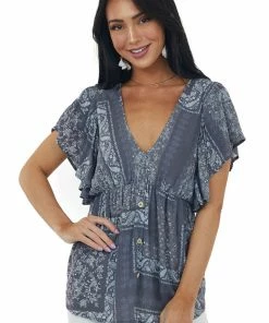 SugarFox Tops Graphite Printed V Neck Babydoll Blouse